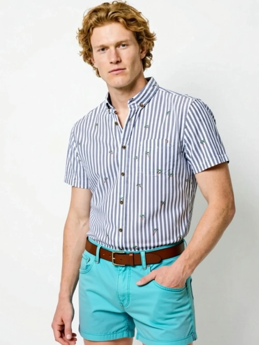 Sovereign Code Blue‎ and White Striped Short Sleeve Button-Down Shirt